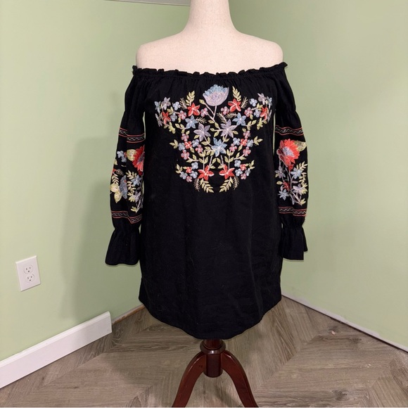 Free People Fleur Du Jour Embroidered Off Shoulder Mini Dress Black Women’s Sz M - Picture 2 of 6